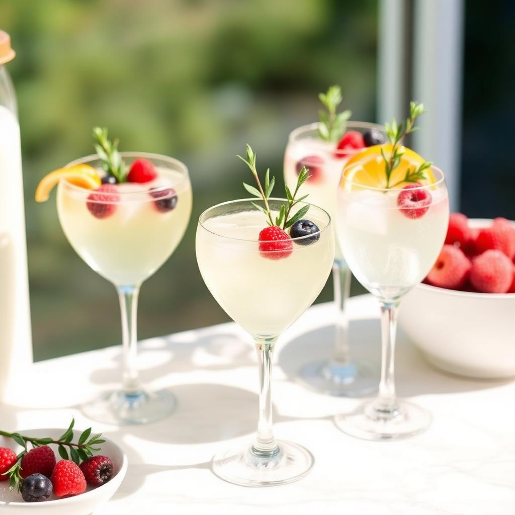 Baby shower mocktail bar with fresh fruit and floral garnishes