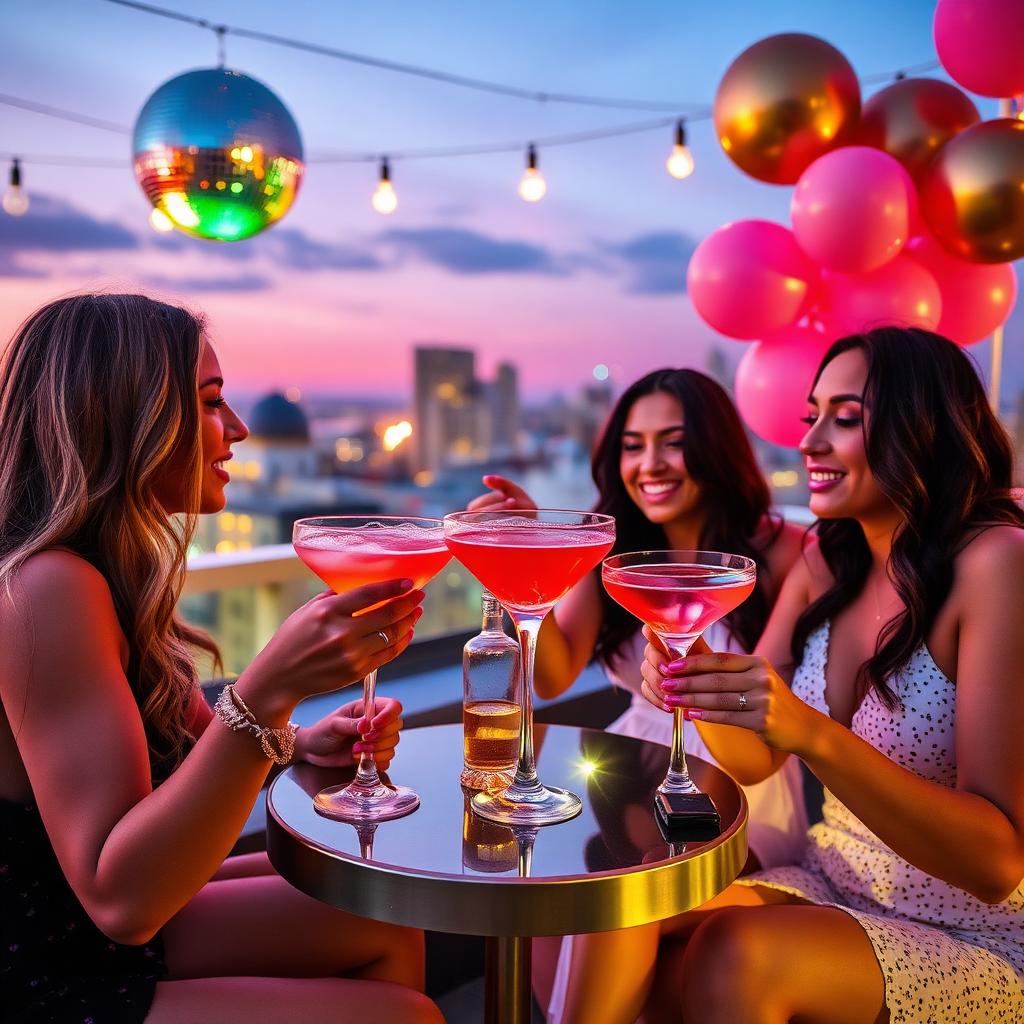 Bachelorette party bar with pink cocktails and gold accents